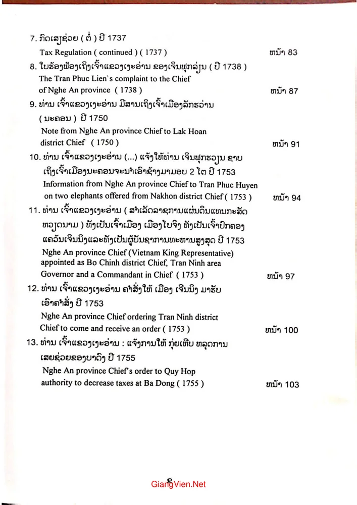 Mục lục chi tiết trang 1 sách Quan hệ lịch sử Việt Lào qua tư liệu Quy Hợp thế kỷ XVII XIX