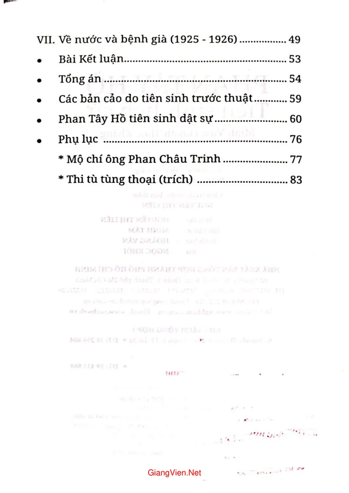 Mục lục chi tiết trang 1 sách Phan Tây Hồ tiên sinh lịch sử