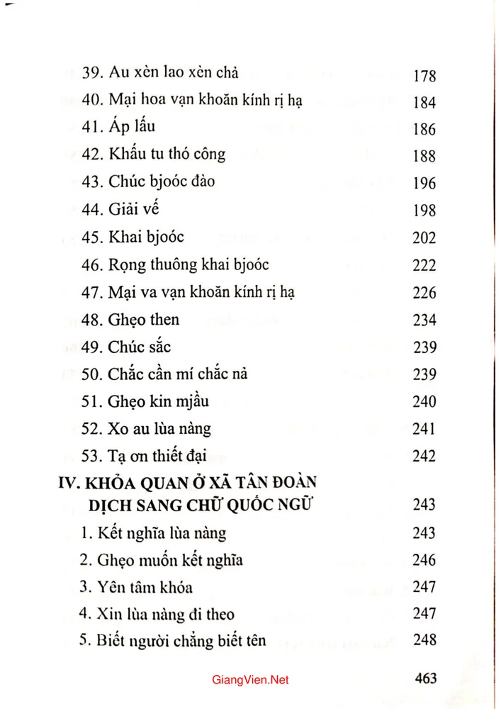 Mục lục chi tiết trang 2 sách Khỏa quan những bài lượn trong nghi lễ cấp sắc thăng sắc của người Tày Lạng Sơn