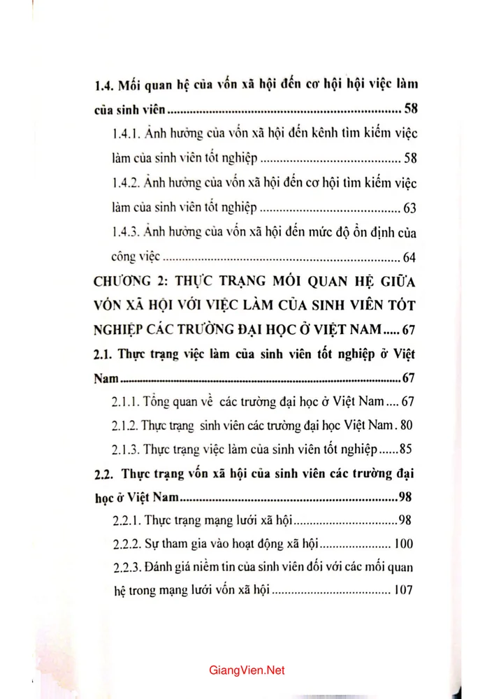 Mục lục chi tiết trang 1 sách Mối quan hệ giữa vốn xã hội với cơ hội việc làm của sinh viên các trường đại học ở Việt Nam