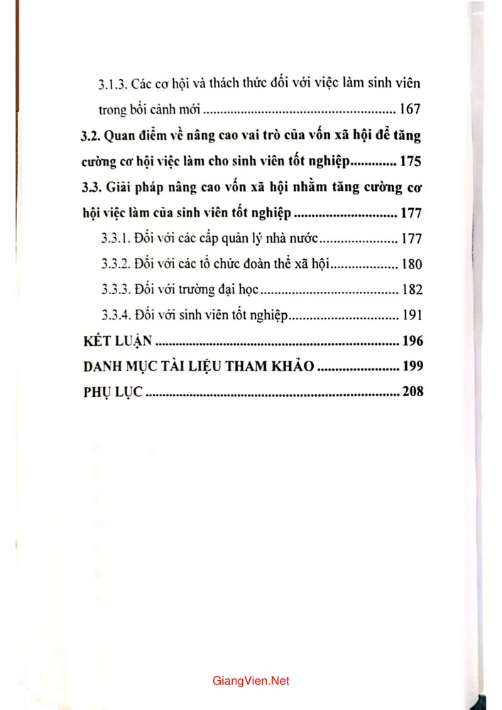 Mục lục chi tiết trang 3 sách Mối quan hệ giữa vốn xã hội với cơ hội việc làm của sinh viên các trường đại học ở Việt Nam