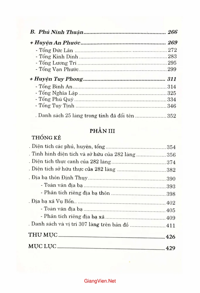 Mục lục chi tiết trang 1 sách Nghiên cứu địa bạ triều Nguyễn tỉnh Bình Thuận