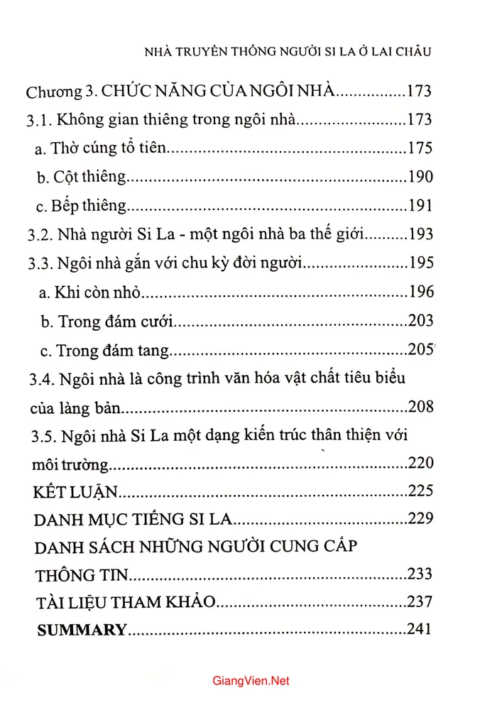 Mục lục chi tiết trang 2 sách Nhà truyền thống người Si la ở Lai Châu