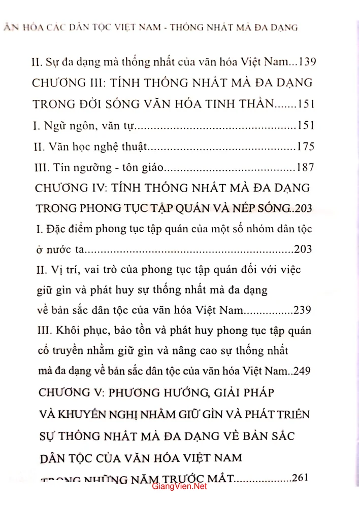 Mục lục chi tiết trang 1 sách Văn hoá các dân tộc Việt Nam thống nhất mà đa dạng