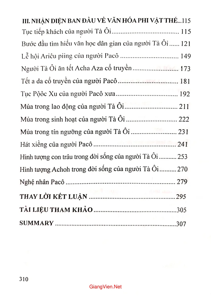 Mục lục chi tiết trang 1 sách Tiếp cận văn hoá Tà Ôi