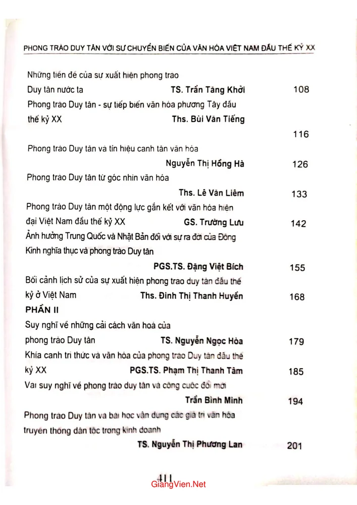 Mục lục chi tiết trang 1 sách Phong trào Duy Tân với sự chuyển biến của văn hoá Việt Nam đầu thế kỷ XX