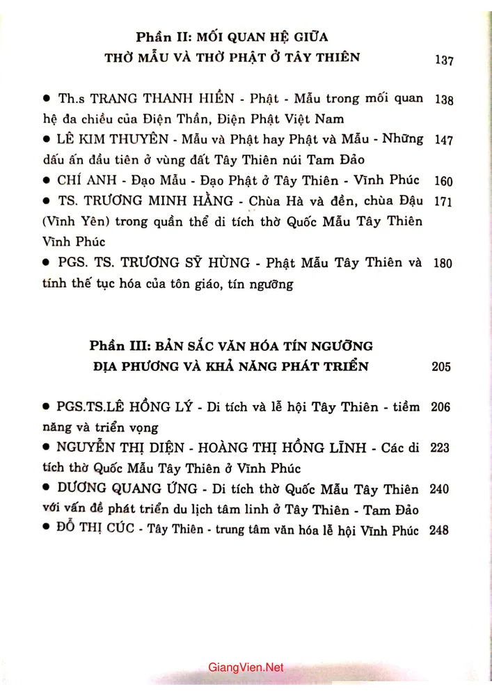 Mục lục chi tiết trang 1 sách Quốc mẫu Tây Thiên Vĩnh Phúc trong đạo mẫu Việt Nam (Kỷ yếu Hội thảo khoa học)