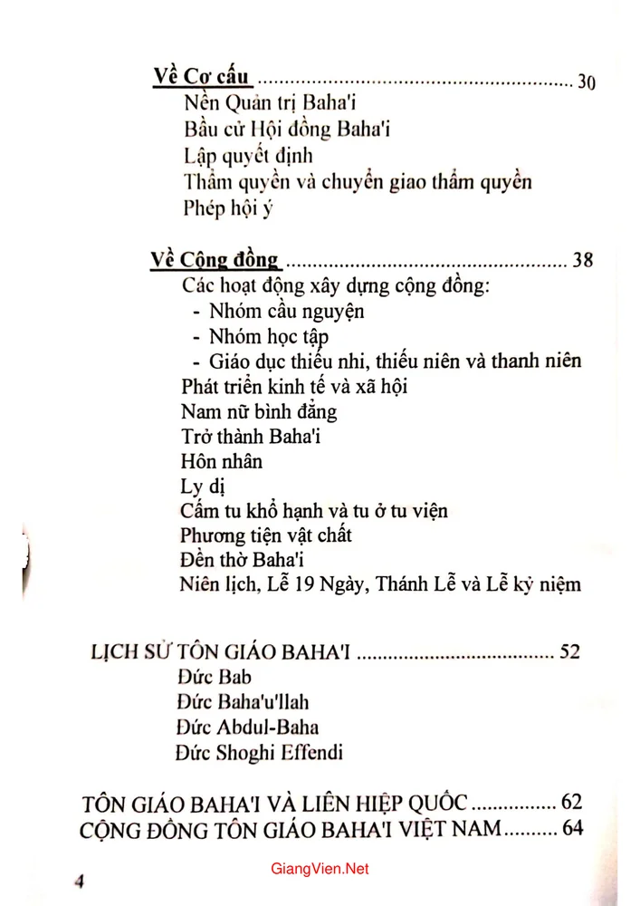 Mục lục chi tiết trang 1 sách Tôn giáo Bahai giới thiệu tổng quát