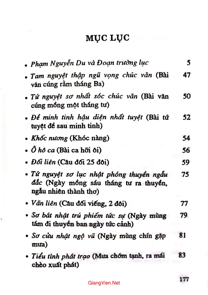 Mục lục chi tiết trang 1 sách Đoạn trường lục