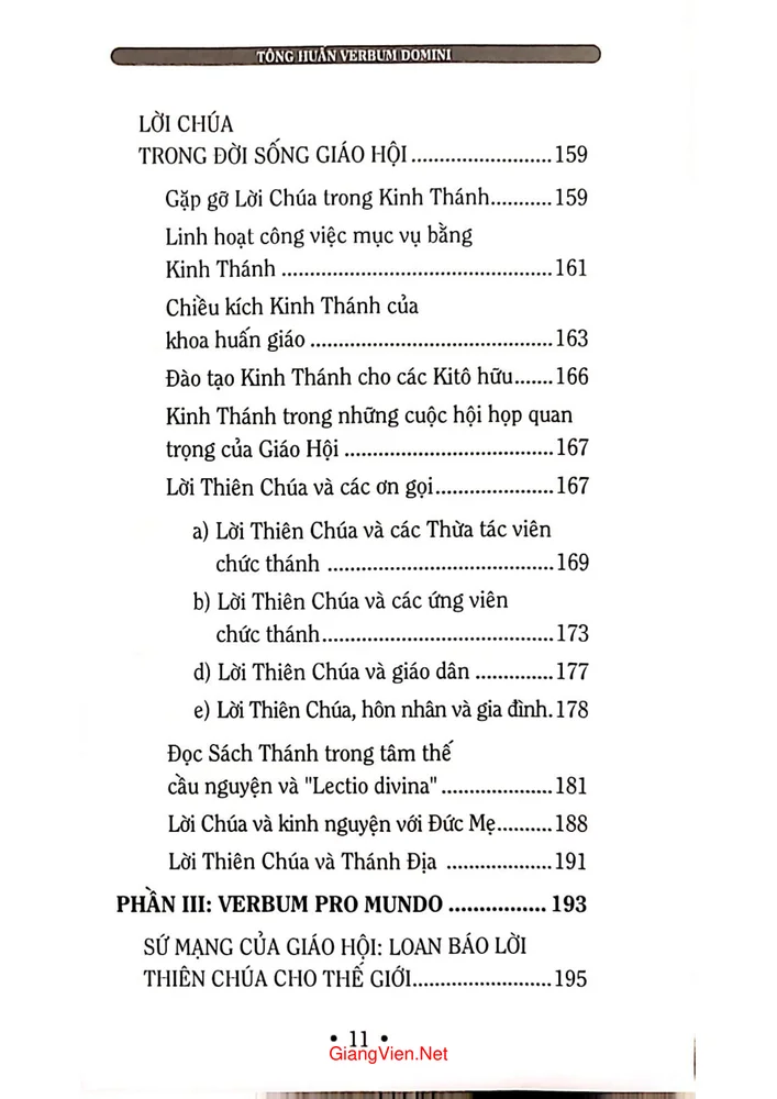 Mục lục chi tiết trang 4 sách Tông huấn hậu thượng Hội đồng giám mục của Đức giáo hoàng Benedicto XVI