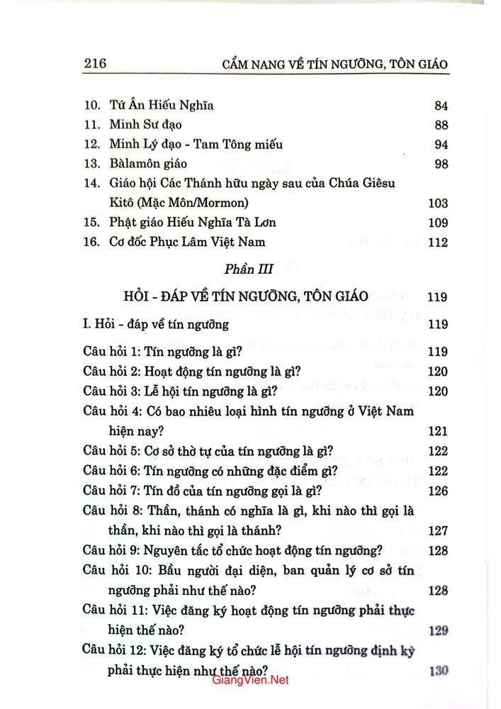 Mục lục chi tiết trang 1 sách Cẩm nang về tín ngưỡng, tôn giáo (Tái bản có sửa chữa bổ sung)