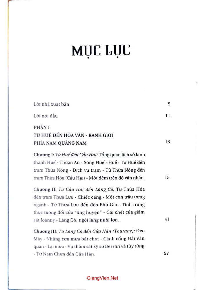 Mục lục chi tiết trang 1 sách Du ký trung kỳ theo đường cái quan