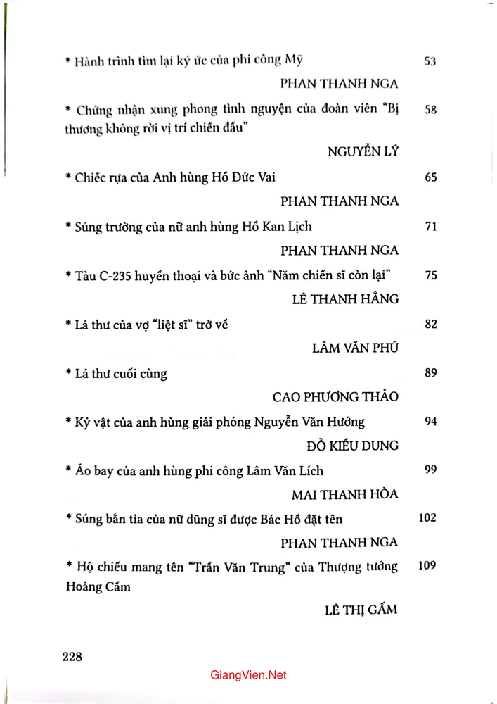 Mục lục chi tiết trang 1 sách Kỷ vật kháng chiến