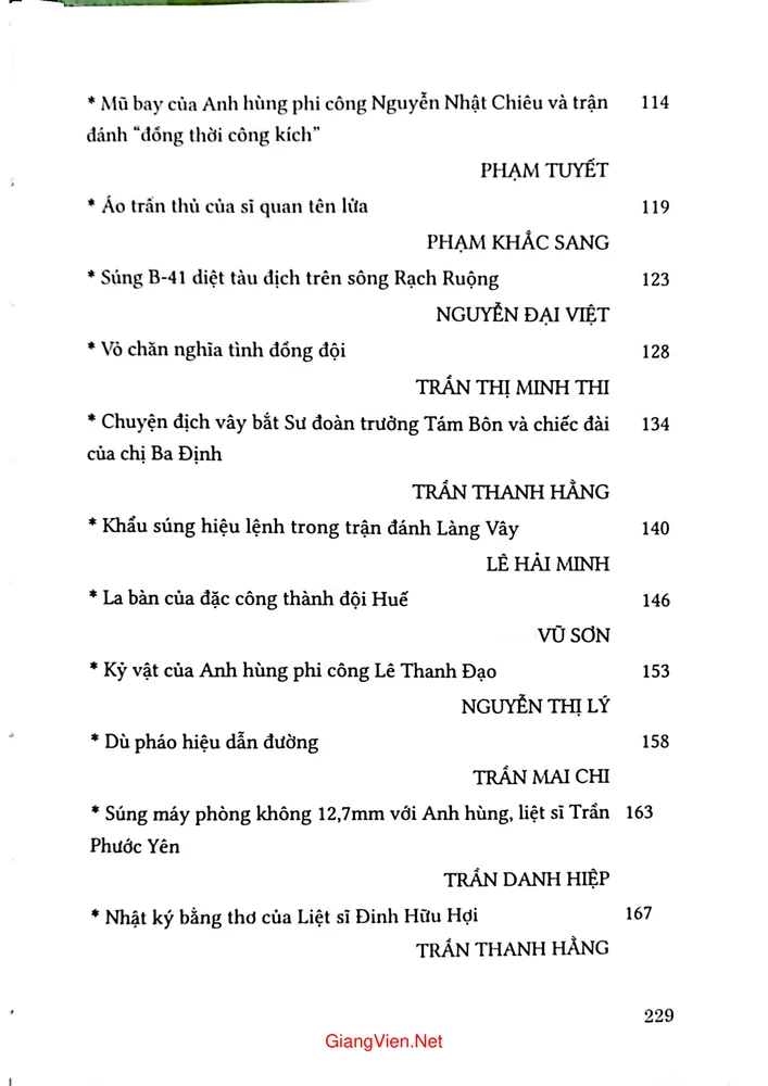 Mục lục chi tiết trang 2 sách Kỷ vật kháng chiến
