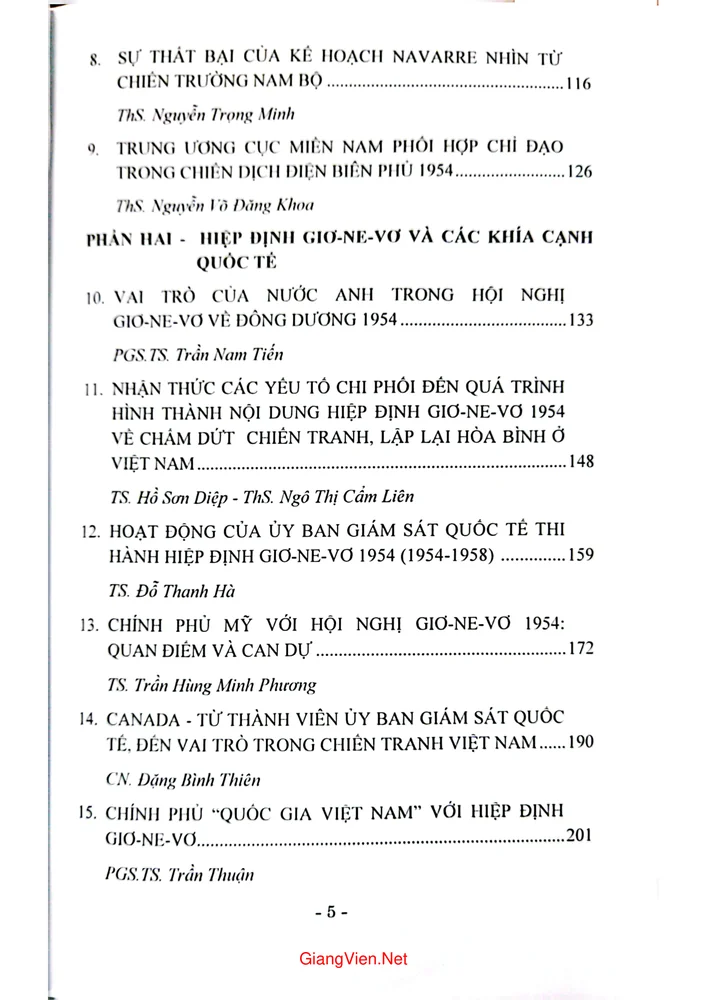 Mục lục chi tiết trang 1 sách Kỷ yếu hội thảo Nam Bộ từ Điện Biên Phủ đến hiệp định Giơ ne vơ 70 năm nhìn lại từ 1954 đến 2024