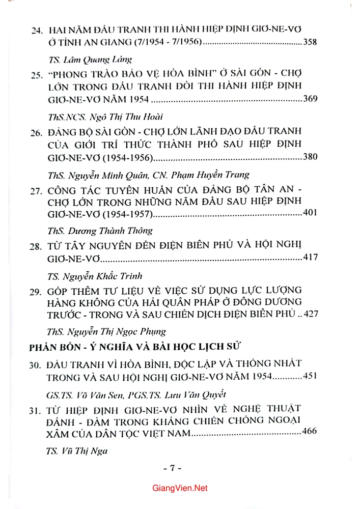 Mục lục chi tiết trang 3 sách Kỷ yếu hội thảo Nam Bộ từ Điện Biên Phủ đến hiệp định Giơ ne vơ 70 năm nhìn lại từ 1954 đến 2024