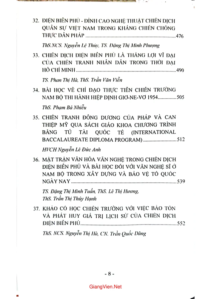 Mục lục chi tiết trang 4 sách Kỷ yếu hội thảo Nam Bộ từ Điện Biên Phủ đến hiệp định Giơ ne vơ 70 năm nhìn lại từ 1954 đến 2024