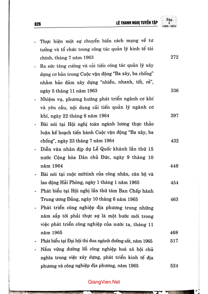 Mục lục chi tiết trang 1 sách Lê Thanh Nghị tuyển tập từ 1953 đến 1973