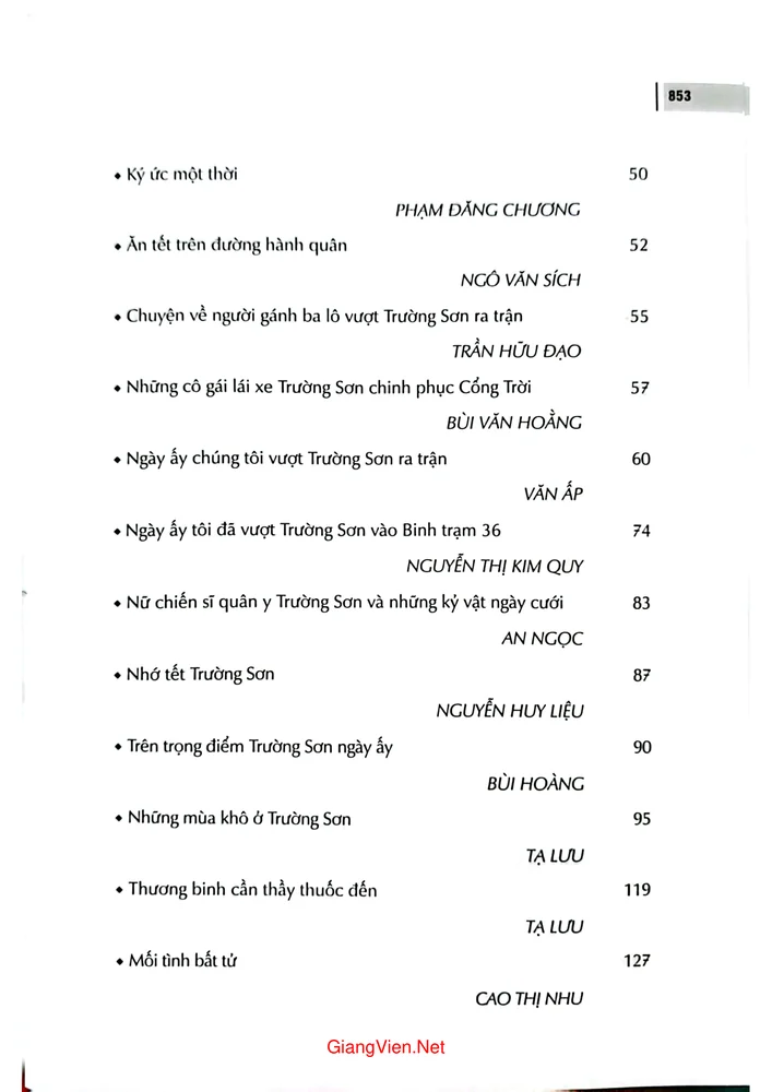 Mục lục chi tiết trang 1 sách Lính Trường sơn ký ức chiến tranh