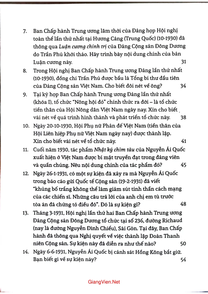 Mục lục chi tiết trang 1 sách Lịch sử Việt Nam từ Xô Viết Nghệ Tĩnh đến Cách mạng tháng tám 1930 đến 1945