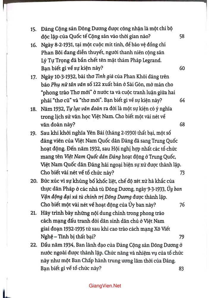 Mục lục chi tiết trang 2 sách Lịch sử Việt Nam từ Xô Viết Nghệ Tĩnh đến Cách mạng tháng tám 1930 đến 1945