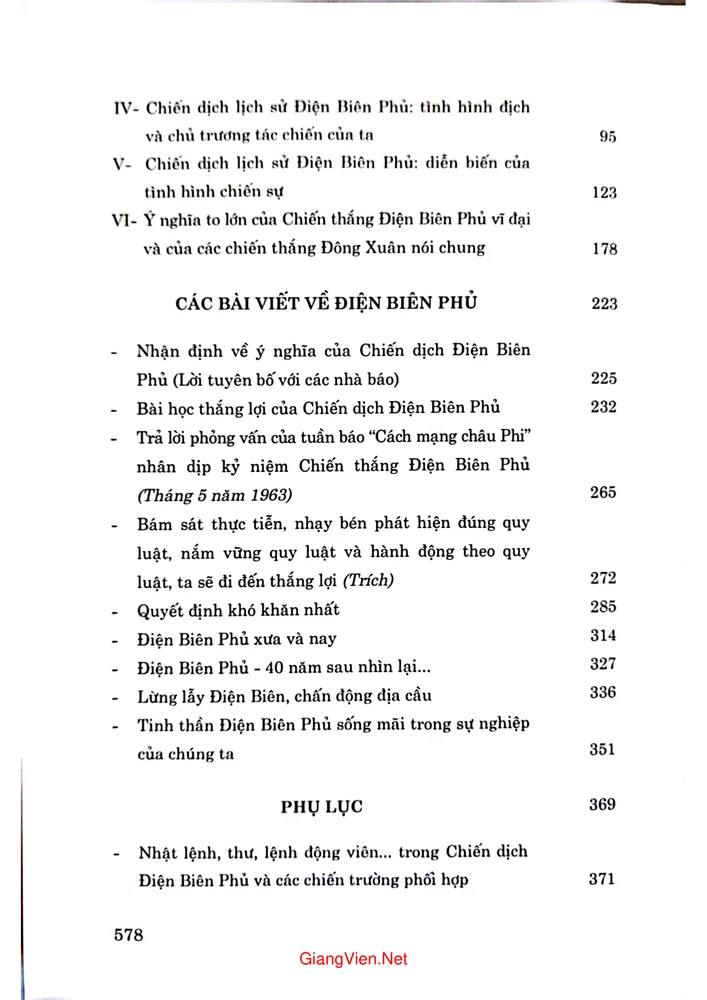 Mục lục chi tiết trang 1 sách Điện Biên Phủ