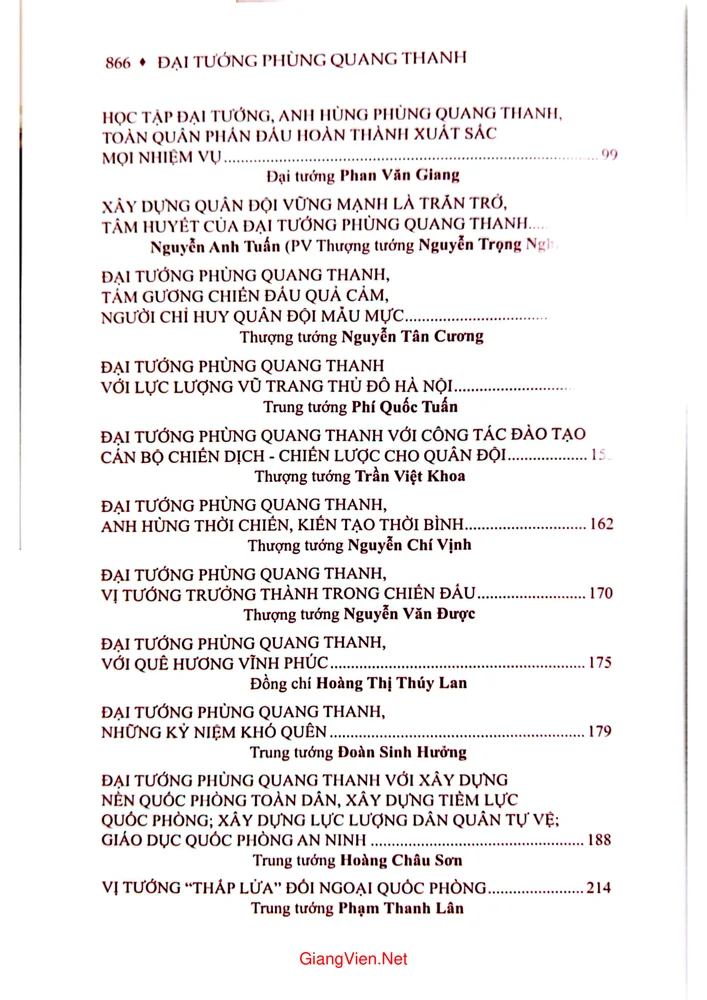 Mục lục chi tiết trang 1 sách Đại tướng Phùng Quang Thanh thân thế cuộc đời và sự nghiệp