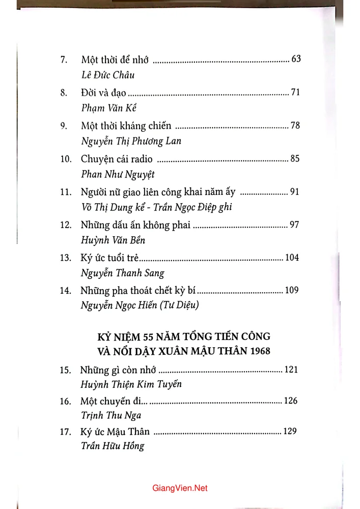 Mục lục chi tiết trang 1 sách Một thời kháng chiến