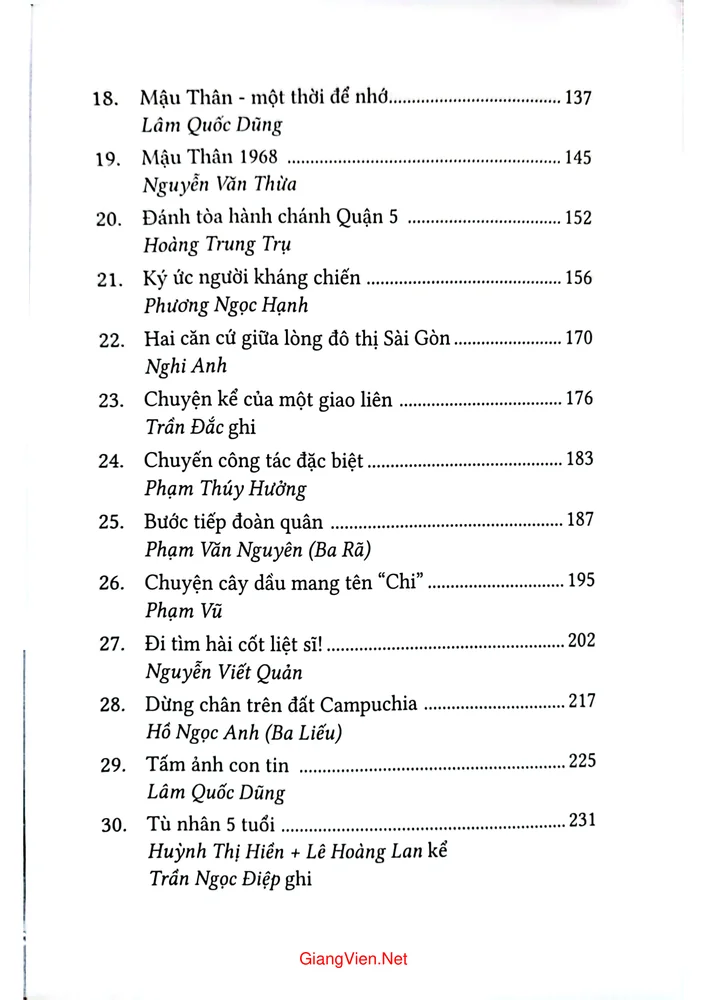 Mục lục chi tiết trang 2 sách Một thời kháng chiến