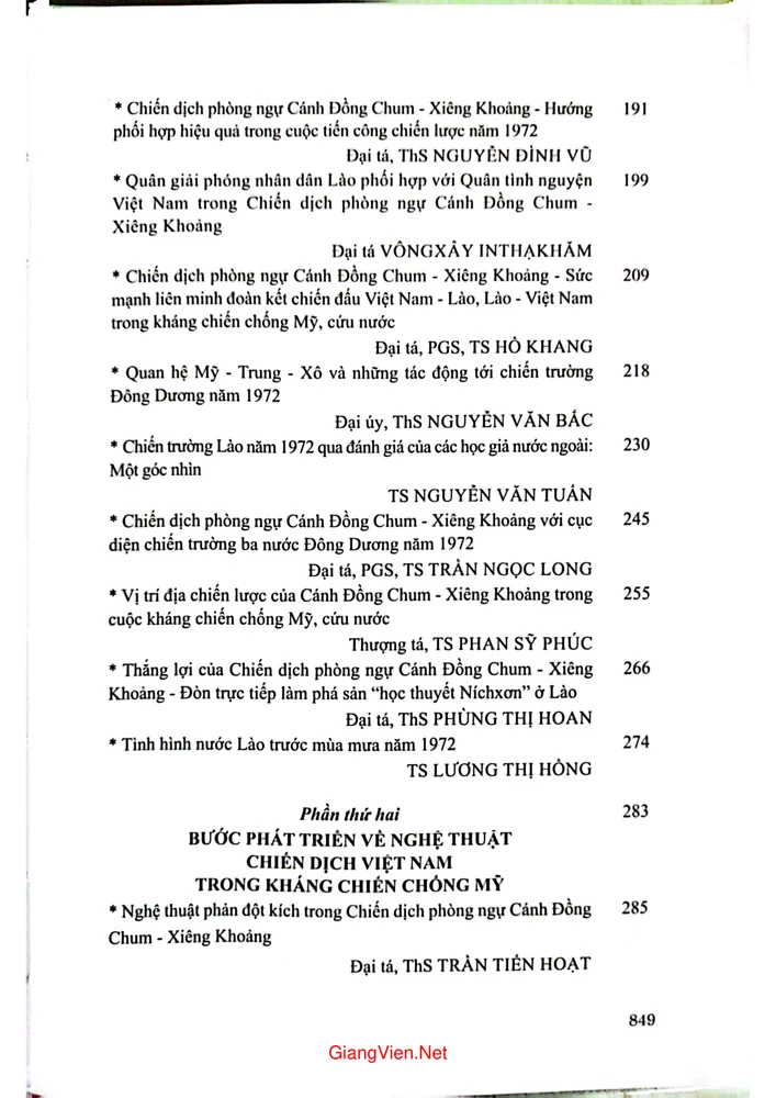 Mục lục chi tiết trang 2 sách 50 năm Chiến dịch phòng ngự Cán đồng Chum - Xiên Khoảng thắng lợi và bài học kinh nghiệm