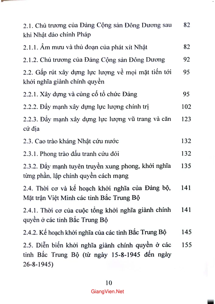 Mục lục chi tiết trang 1 sách Cách mạng tháng tám năm 1945 ở các tỉnh Bắc Trung bộ