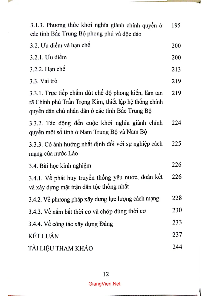 Mục lục chi tiết trang 3 sách Cách mạng tháng tám năm 1945 ở các tỉnh Bắc Trung bộ