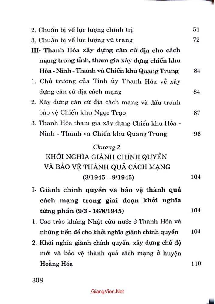 Mục lục chi tiết trang 1 sách Cách mạng tháng tám năm 1945 ở Thanh Hóa