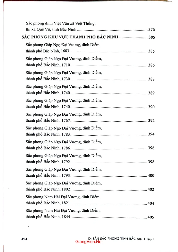 Mục lục chi tiết trang 14 sách Di sản sắc phong tỉnh Bắc Ninh