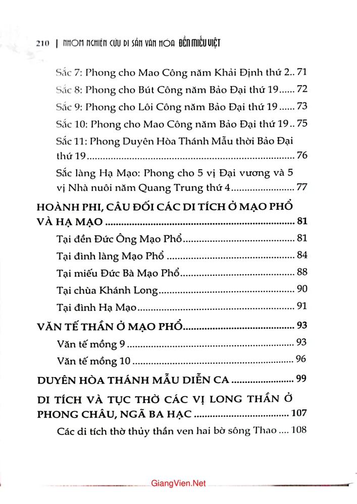 Mục lục chi tiết trang 1 sách Di sản văn hóa đình đền Mạo Phổ