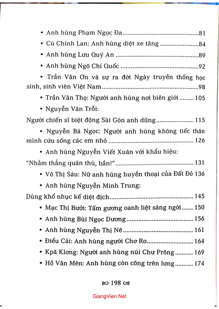 Mục lục chi tiết trang 1 sách Những anh hùng trẻ tuổi trong lịch sử Việt Nam