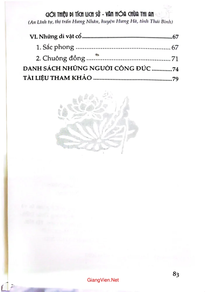 Mục lục chi tiết trang 2 sách Giới thiệu Di tích lịch sử - Văn hóa chùa Thị An (An lĩnh tự, thị trấn Hưng Nhân, huyện Hưng Hà, tỉnh Thái Bình)
