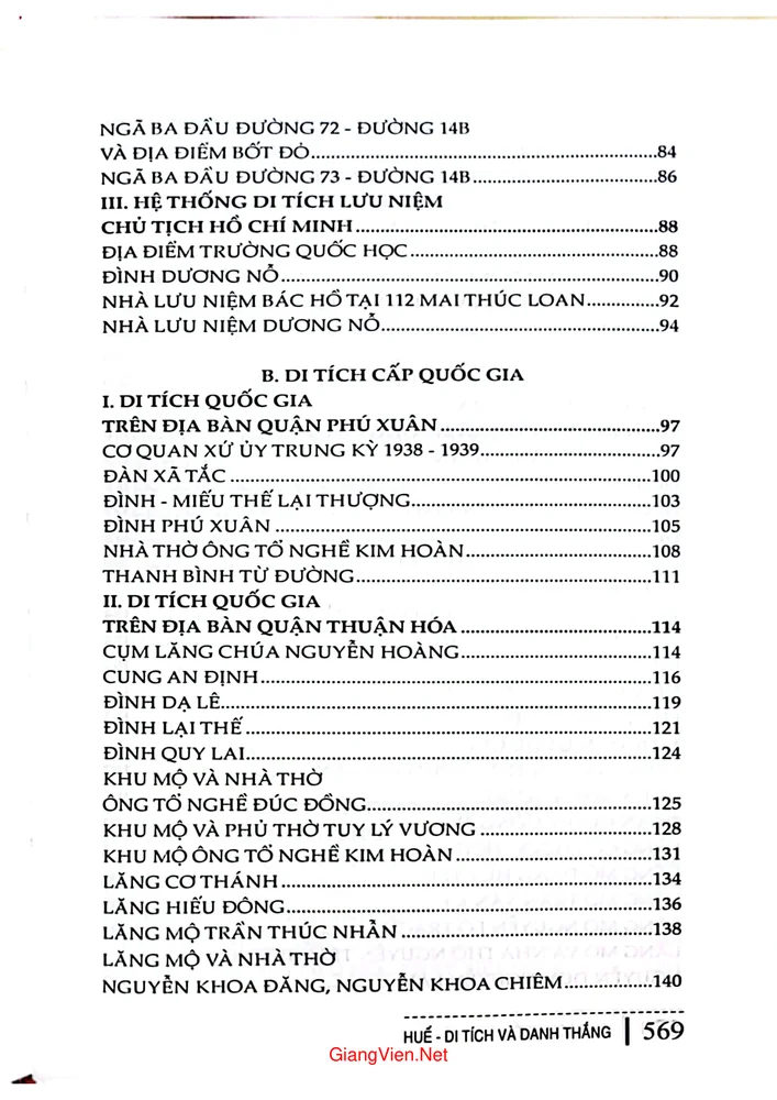 Mục lục chi tiết trang 1 sách Huế di tích và danh thắng