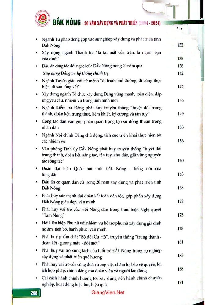 Mục lục chi tiết trang 2 sách Đắk Nông 20 năm xây dựng và phát triển (2004 - 2024)