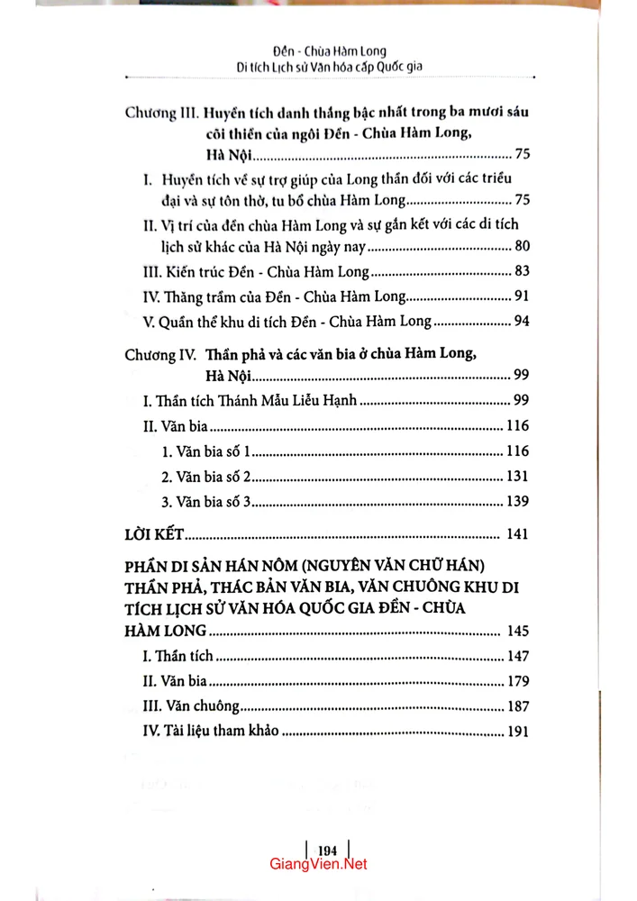 Mục lục chi tiết trang 1 sách Đền - Chùa Hàm Long di tích lịch sử văn hóa cấp quốc gia số 18 Hàm Long Hà Nội