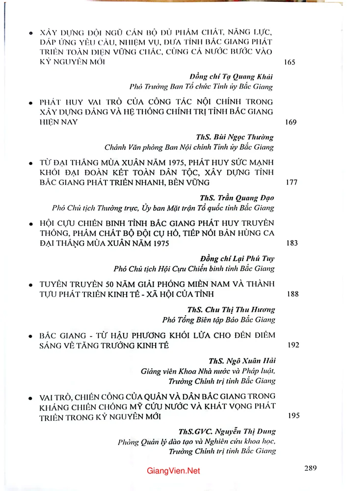 Mục lục chi tiết trang 4 sách Kỷ yếu hội thảo khoa học cấp tỉnh chủ đề 50 năm giải phóng miền Nam, thống nhất đất nước (30 4 1975 - 30 4 2025), Bắc Giang tiếp nối bản