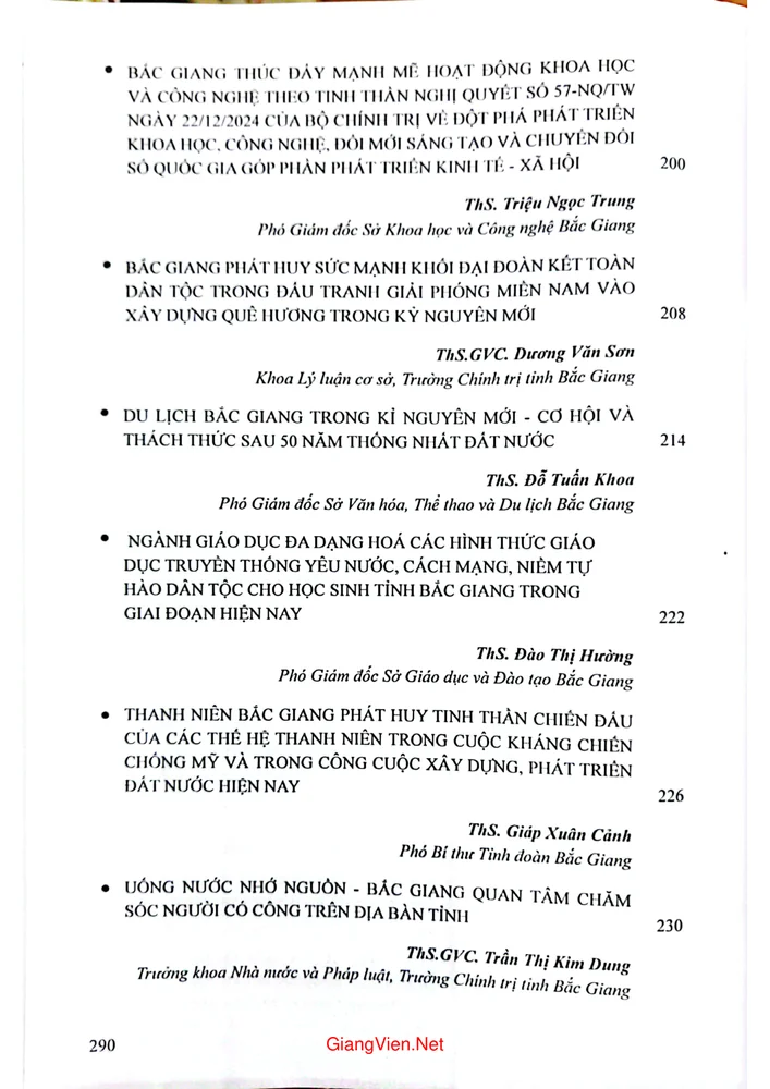Mục lục chi tiết trang 5 sách Kỷ yếu hội thảo khoa học cấp tỉnh chủ đề 50 năm giải phóng miền Nam, thống nhất đất nước (30 4 1975 - 30 4 2025), Bắc Giang tiếp nối bản