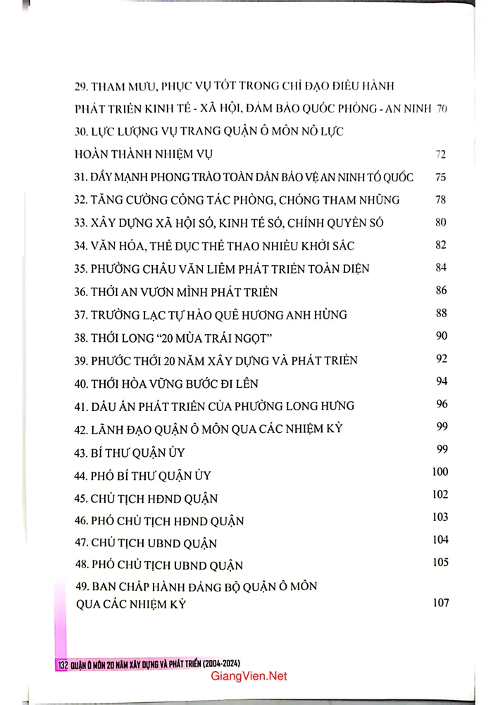 Mục lục chi tiết trang 2 sách Kỷ yếu quận Ô Môn 20 năm xây dựng và phát triển (2004 - 2024)