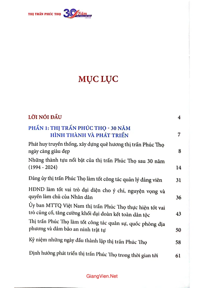 Trang 1 - Ảnh minh họa nội dung sách Kỷ yếu thị trấn Phúc Thọ 30 năm hình thành và phát triển (1994 - 2024)