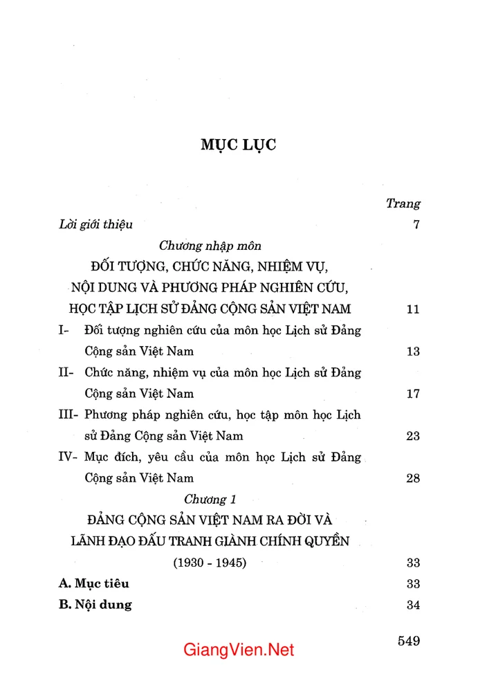 Trang 1 - Ảnh minh họa nội dung sách Giáo trình  Lịch sử Đảng Cộng sản Việt Nam - chuyên