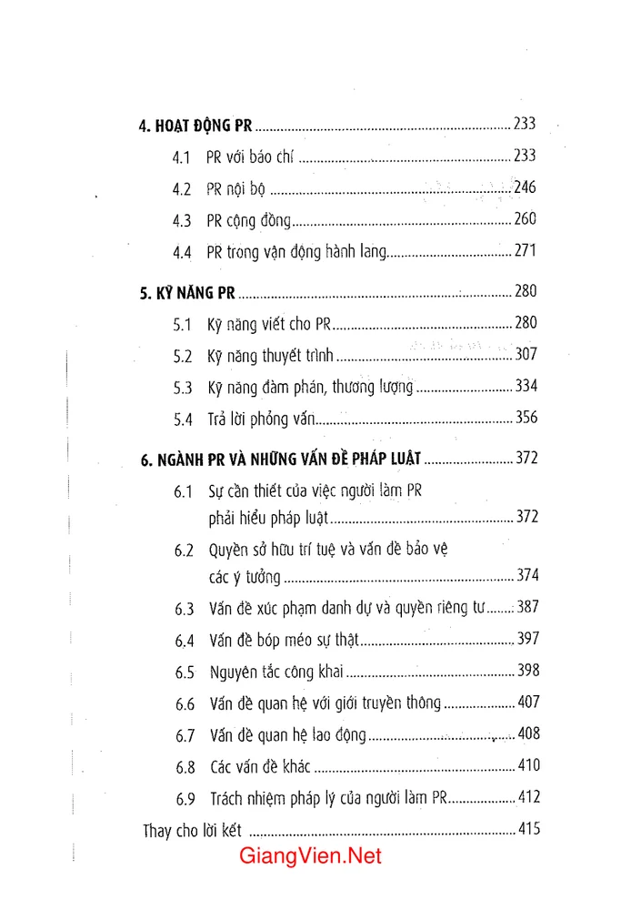 Mục lục chi tiết trang 1 sách PR lý luận và ứng dụng