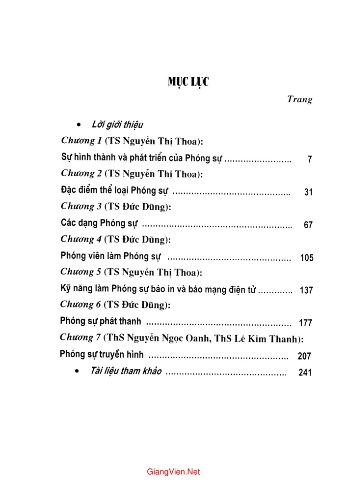 Mục lục chi tiết trang 1 sách Phóng sự báo chí