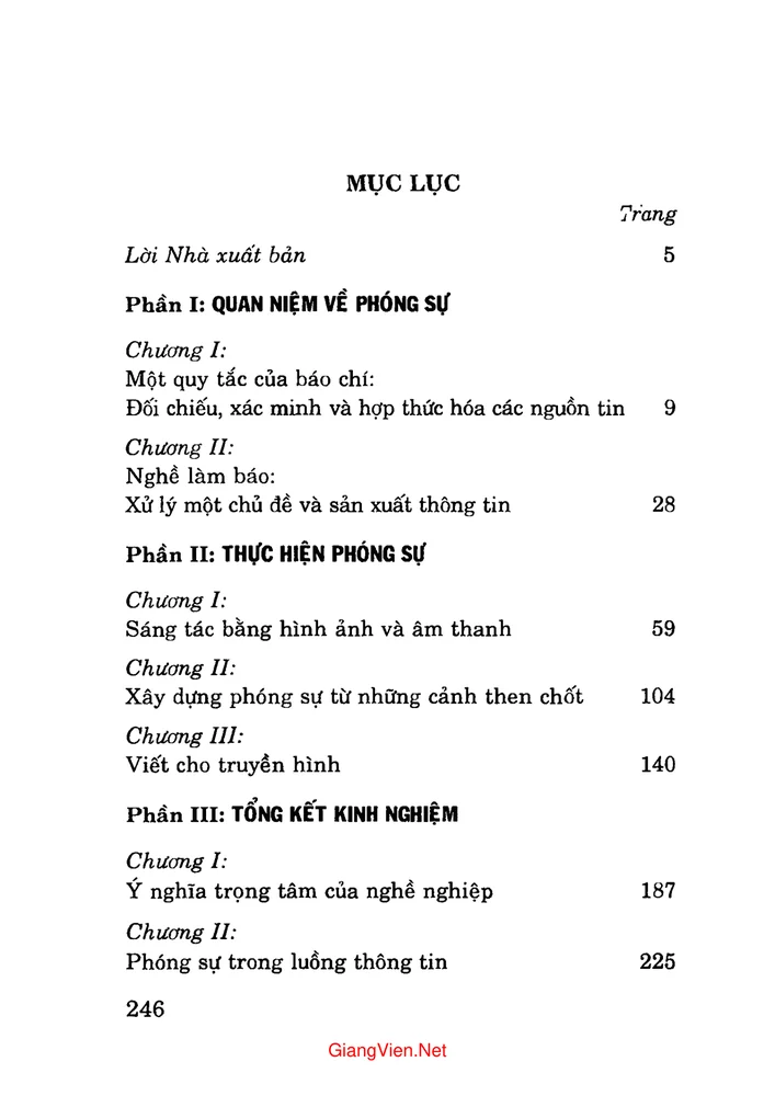 Mục lục chi tiết trang 1 sách Phóng sự truyền hình