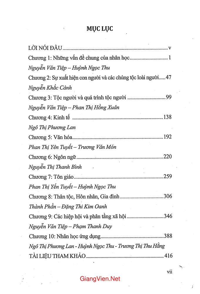 Mục lục chi tiết trang 2 sách Nhân học đại cương (Khoa Nhân học, ĐH KHXH&NV TP HCM)