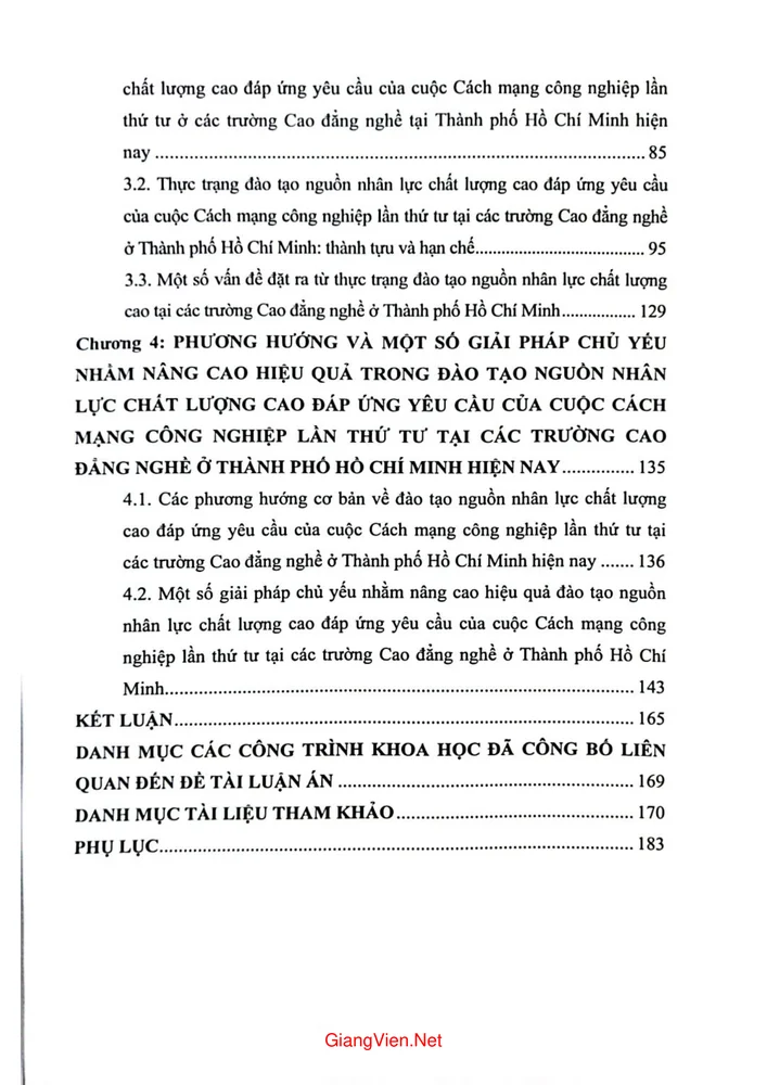Mục lục chi tiết trang 1 sách Đào tạo nguồn nhân lực chất lượng cao tại các trường cao đẳng nghề ở Thành phố Hồ Chí Minh đáp ứng yêu cầu của cuộc cách mạng công